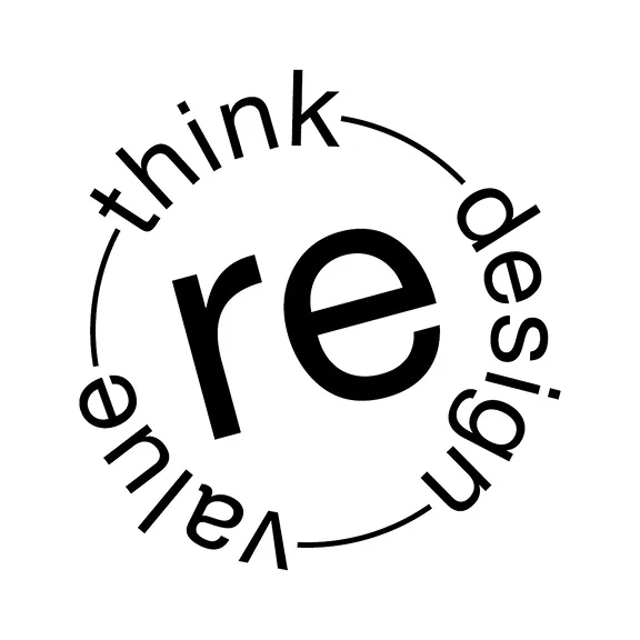 Rundes schwarz-weißes Logo mit einem großen "re" im Zentrum, umgeben von den Wörtern "think", "design" und "value".